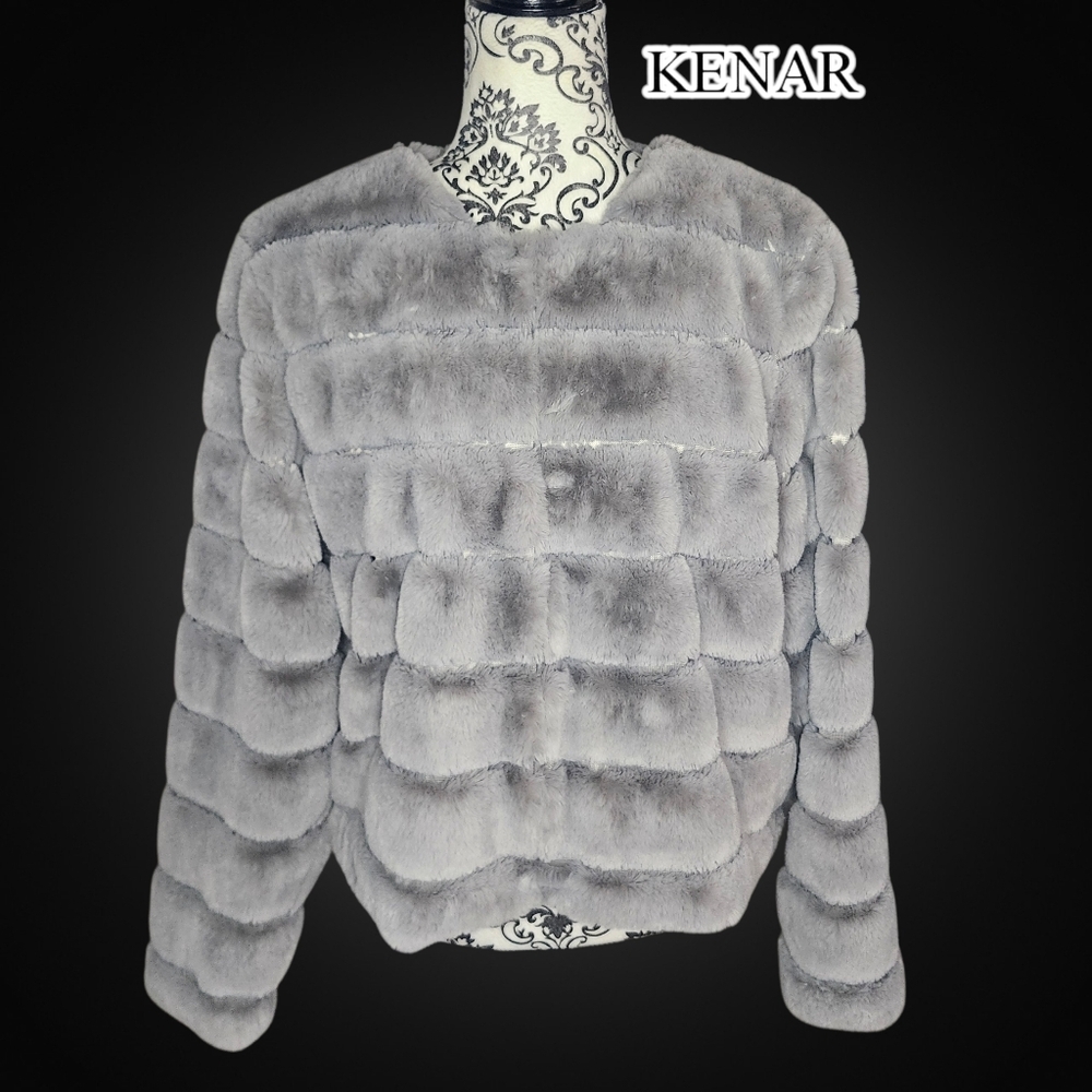 KENAR Plush Gray Faux Fur Teddy Jacket - Large